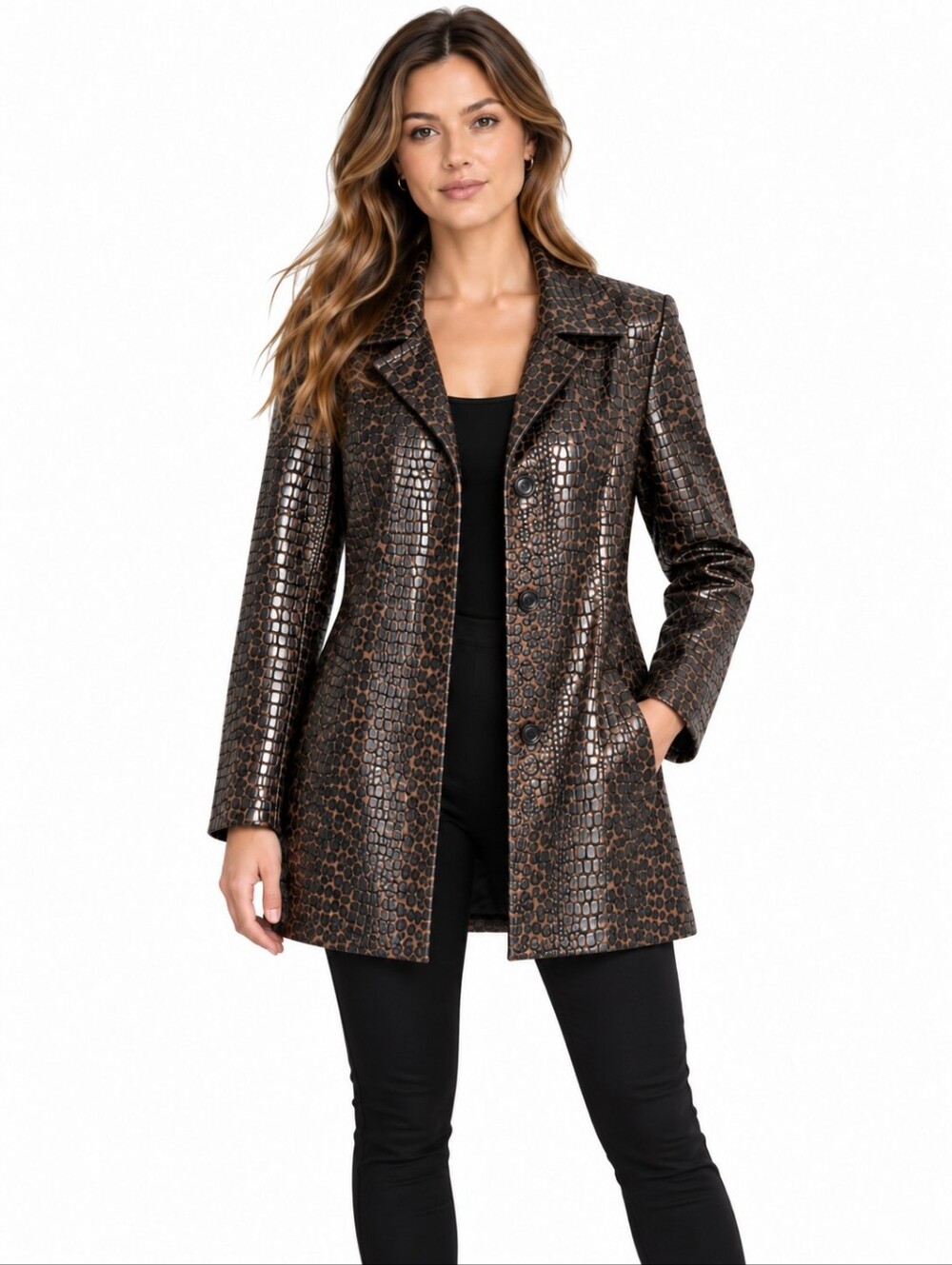 NWT Vintage Selene Sport Women Croc Embossed Faux Leather Stylish Trench Coat M